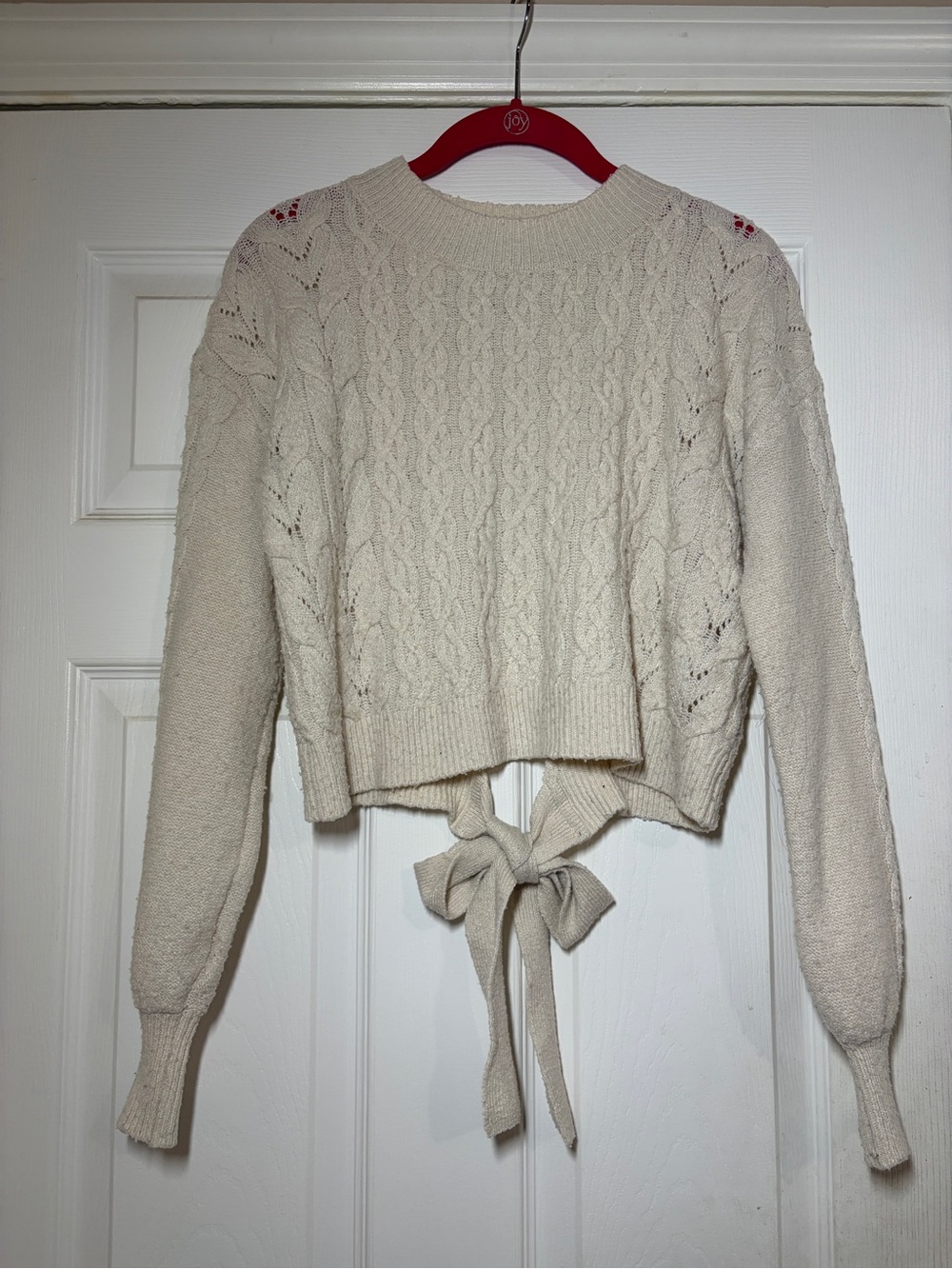 Pink Rose Cream Cable-Knit Tie-Back Crewneck Sweater